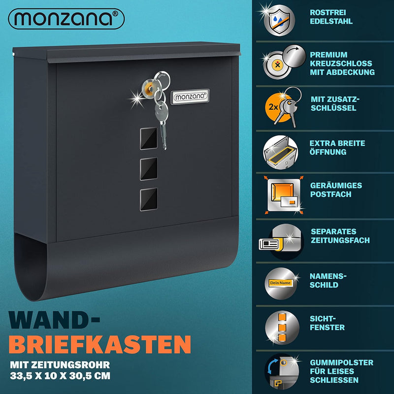 MONZANA® Design Briefkasten Stahl mit Zeitungsfach Sichtfenster Namensschild drehbare Abdeckung Kreu