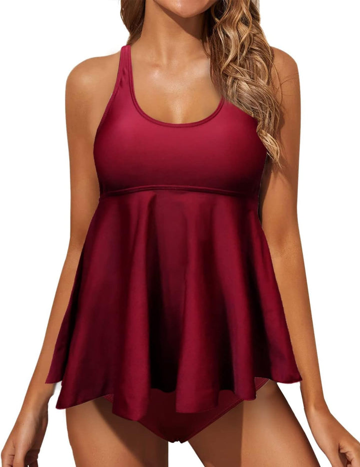 JFAN Tankini Damen Badeanzug Damen Bauchweg mit Rüschen Badekleider und Bikinihose S Rotwein, S Rotw
