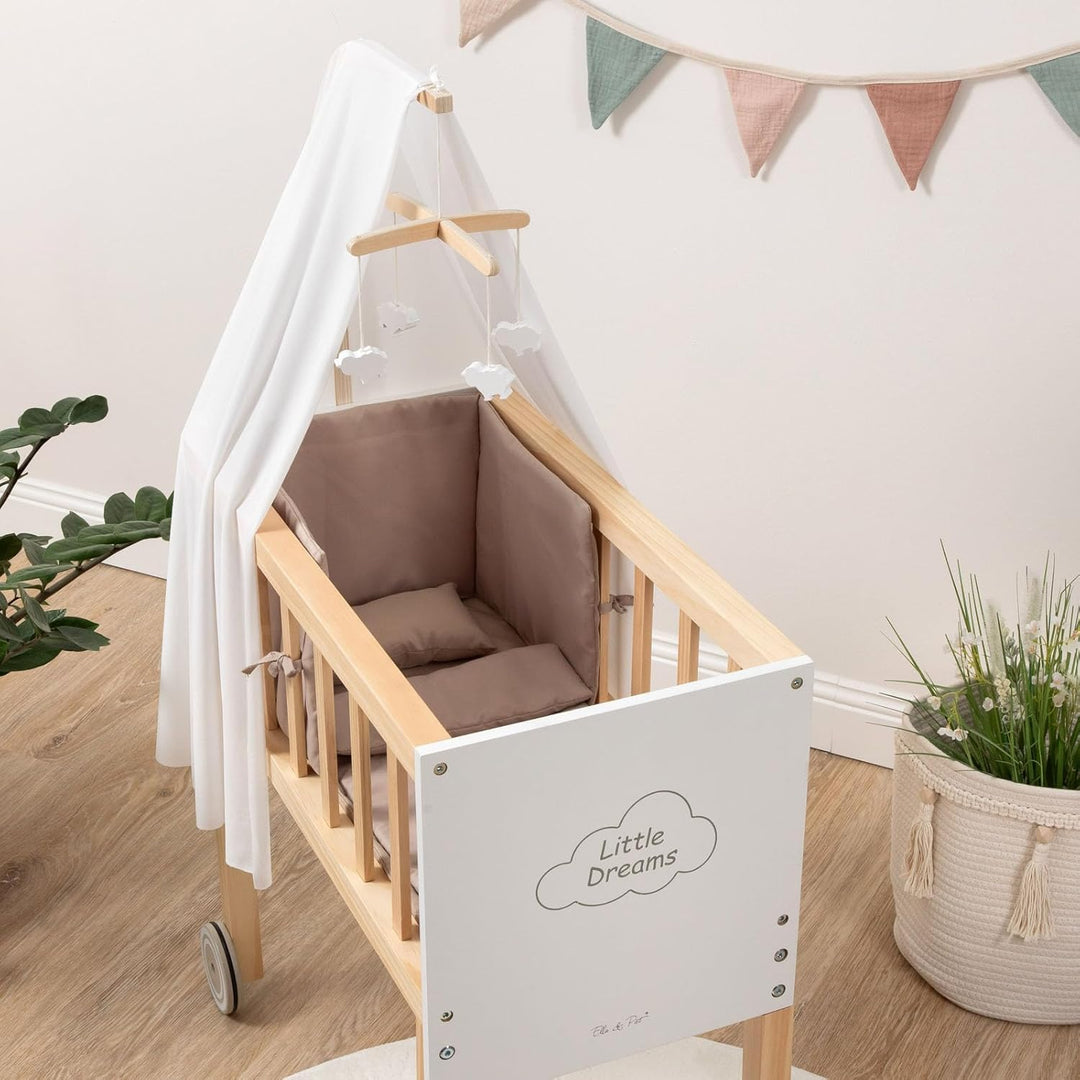 ELLA & PIET® Grosser Puppen-Stubenwagen Dreamy aus Holz mit Himmel (Weiss-Schlamm) Puppenwiege Puppe