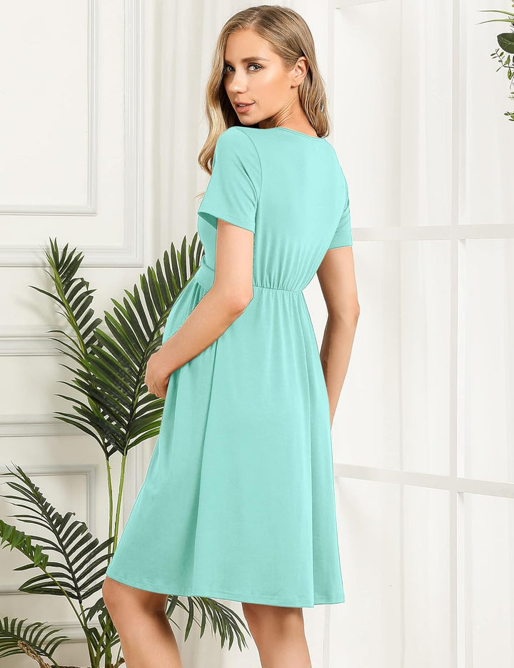KOJOOIN Damen Umstandskleid V-Ausschnitt Stillkleid Casual Falten Schwangerschaftskleid(Verpackung M