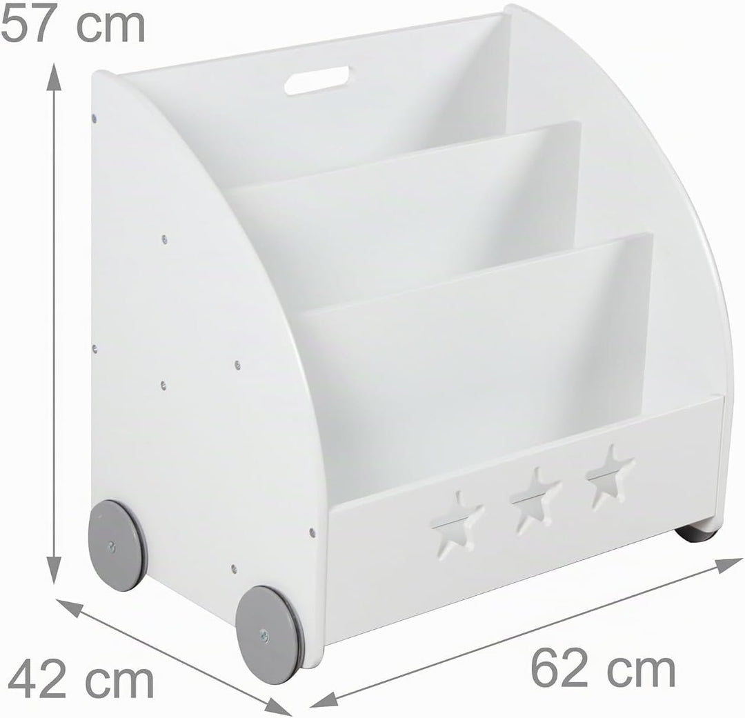 Relaxdays Bücherregal Kinder, HBT: 57 x 62 x 42 cm, fahrbar, 3 Fächer für Bücher, Spielzeug, Kinderb
