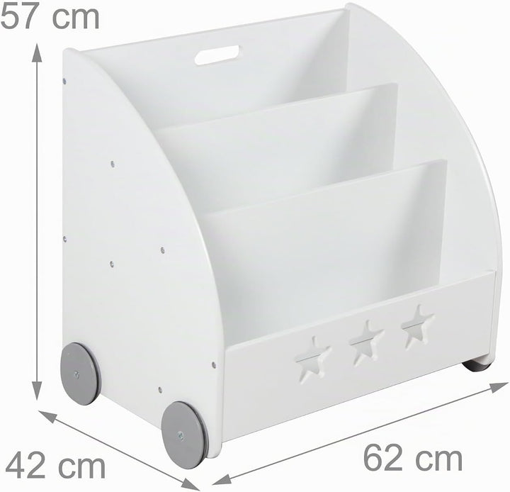 Relaxdays Bücherregal Kinder, HBT: 57 x 62 x 42 cm, fahrbar, 3 Fächer für Bücher, Spielzeug, Kinderb