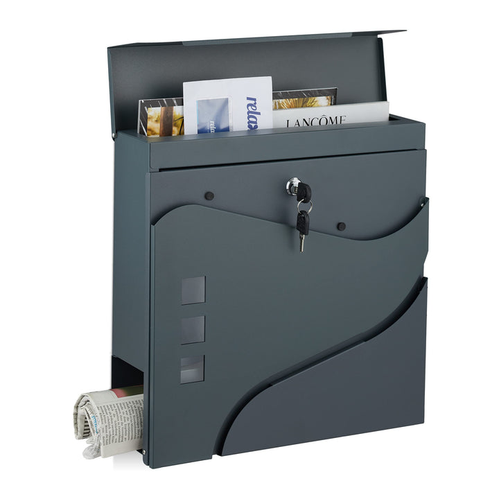 Relaxdays Briefkasten mit Zeitungsfach, Wand-Postkasten mit Sichtfenster, HBT 37x37x11cm, Stahl, 2 S