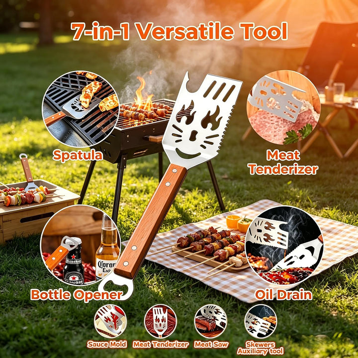 7-in-1 Grillbesteck Set 9-TLG Edelstahl mit Holzgriff Eingebaute Grillspachtel Set Funktion, Kreativ