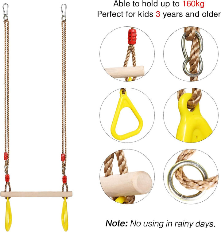 PELLOR Multifunktions Kinderholz Trapeze Schaukel mit Kunststoff Turnringe zum Aufhängen belastbar b