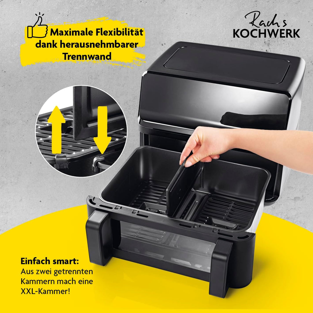 Rachs KOCHWERK Vario-Doppelkammer Heissluftfritteuse 9 L | Airfryer mit teilbarer Kammer, Touchscree
