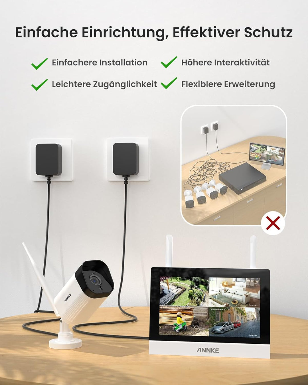ANNKE 3MP Funk Überwachungskamera Set mit 10.1 Zoll Monitor, 4CH 5MP NVR und 4 IP Kameras Aussen mit