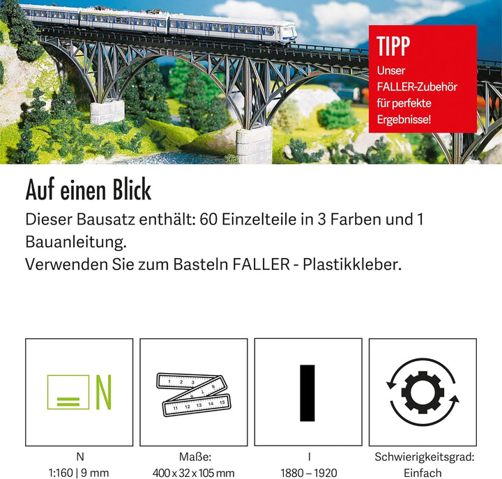 FALLER Stützbogenbrücke Modellbausatz mit 60 Einzelteilen 400 x 32 x 105mm I Modelleisenbahn Zubehör