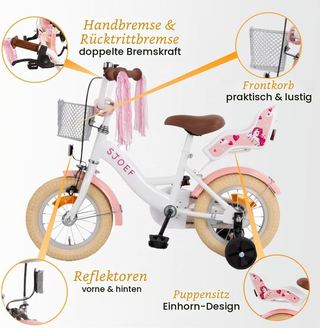 SJOEF Dolly Kinderfahrrad 12 Zoll | Kinder Fahrrad für Mädchen/Jugend | Ab 2-7 Jahren | 12-18 Zoll |