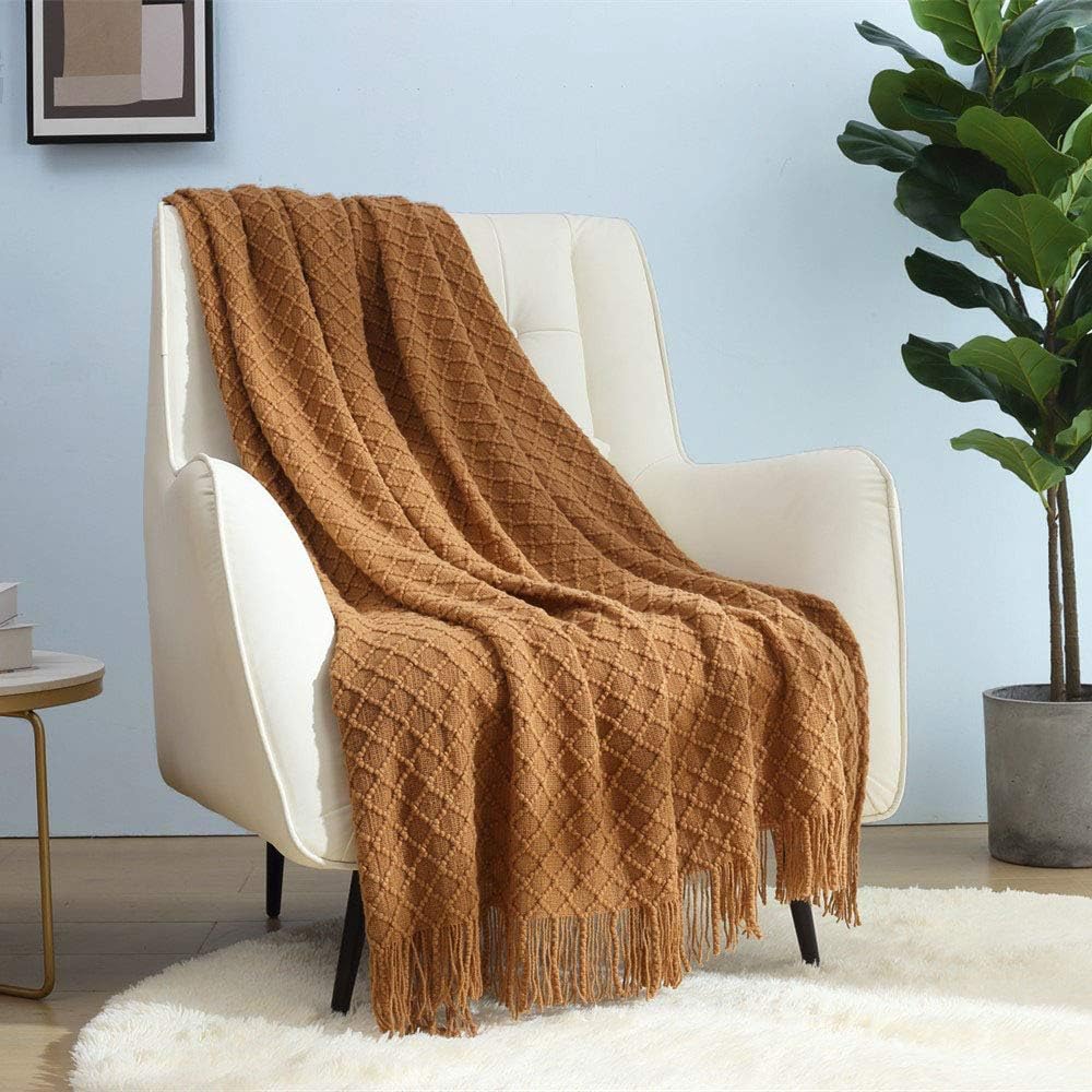 CREVENT Landhaus-Stil Boho Strickdecke für Couch Sofa Sessel Bett Wohnzimmer Dekoration, Weich Warm