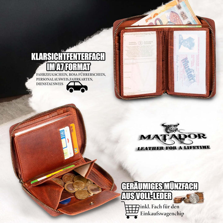 MATADOR® Granada Echt Leder Geldbörse Damen Portemonnaie Herren Geldbeutel Reissverschluss mit TüV g