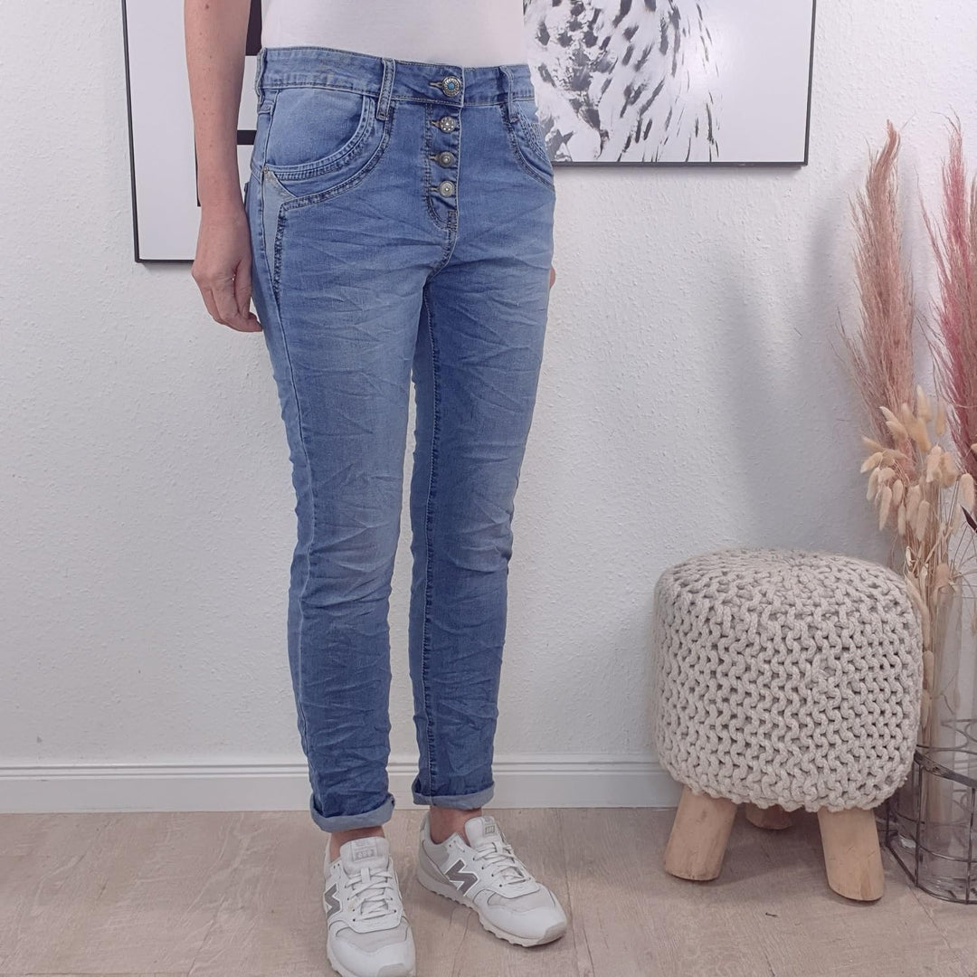 Karostar Damen Boyfriend Stretch Jeans mit offener Knopfleiste 4XL Denim Special Pocket, 4XL Denim S