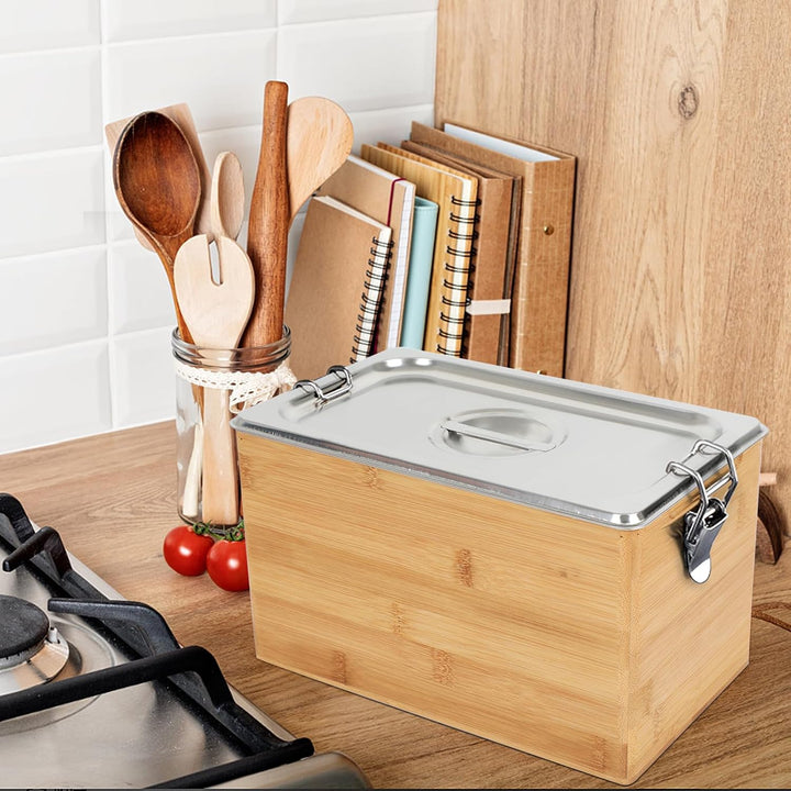 Biomülleimer Küche Bambus aus Holz &amp; Edelstahl, 4,5L Komposteimer für Küche mit Deckel, Herausnehmba