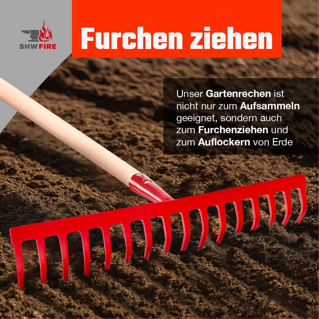 16-Zinken Gartenrechen mit 42 cm Rechenbreite – robuster Stahlrechen mit 150 cm Espenholzstiel, idea