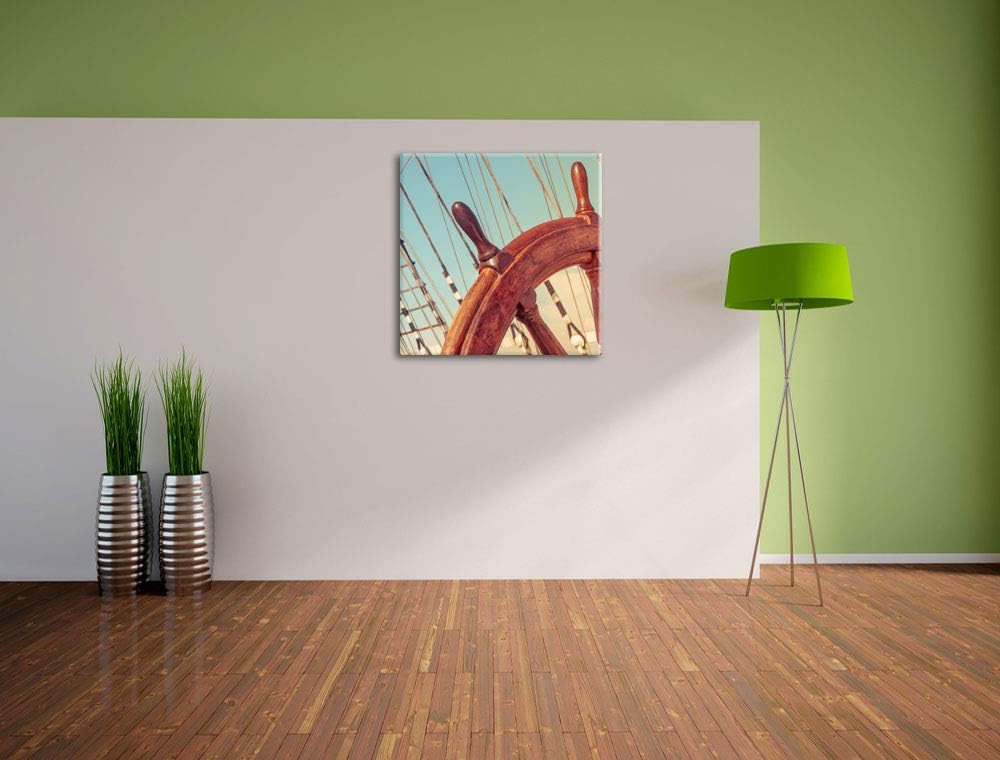 Pixxprint Steuerrad auf dem Schiff 70x70cm Leinwandbild Wandbild Kunstdruck, 70x70