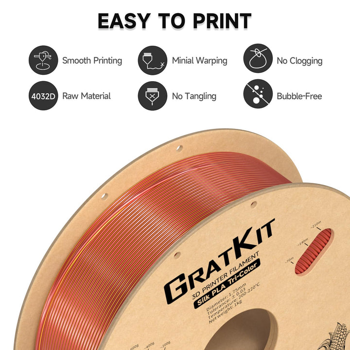 GratKit Tricolor silk PLA Filament 1,75mm 1kg Spule, Seide Dreifarbiges 3D-Drucker Filament mit +/-0
