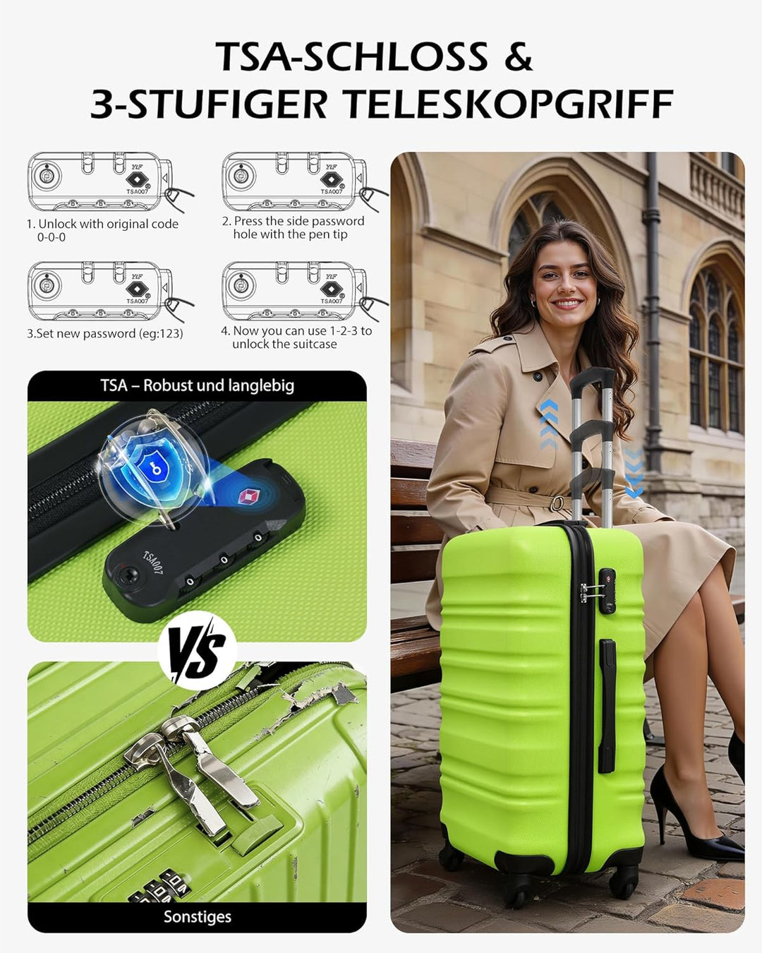 COOLIFE Handgepäck Koffer Set 20 Zoll, ABS+PC Hartschalenkoffer mit Rollen & TSA-Schloss, Enthält 1
