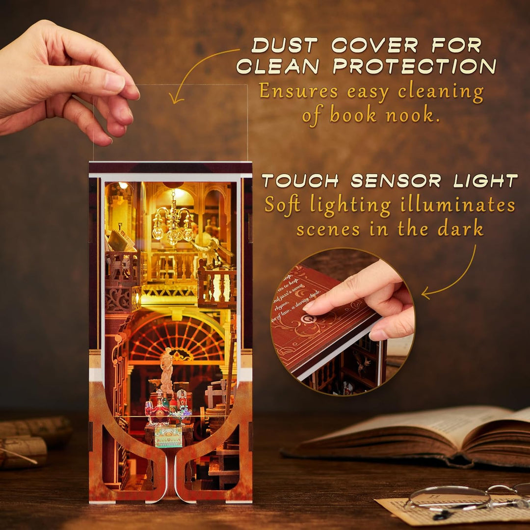 Book Nook Kit DIY Miniatur Kit Buchstütze 3D Holzpuzzle mit Staubschutzhülle für Bastelenthusiasten