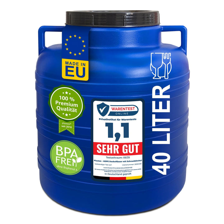 plasteo® 40 Liter Weithalsfass mit Deckel und Henkel Rund Blau, Lebensmittelecht und BPA-Frei, Futte