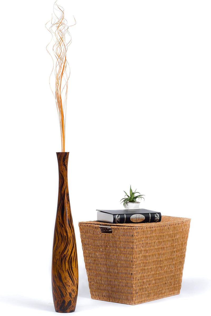 Leewadee Grosse Bodenvase für Dekozweige hohe Standvase Design Holzvase, Holz, 70 cm, Braun Hellbrau