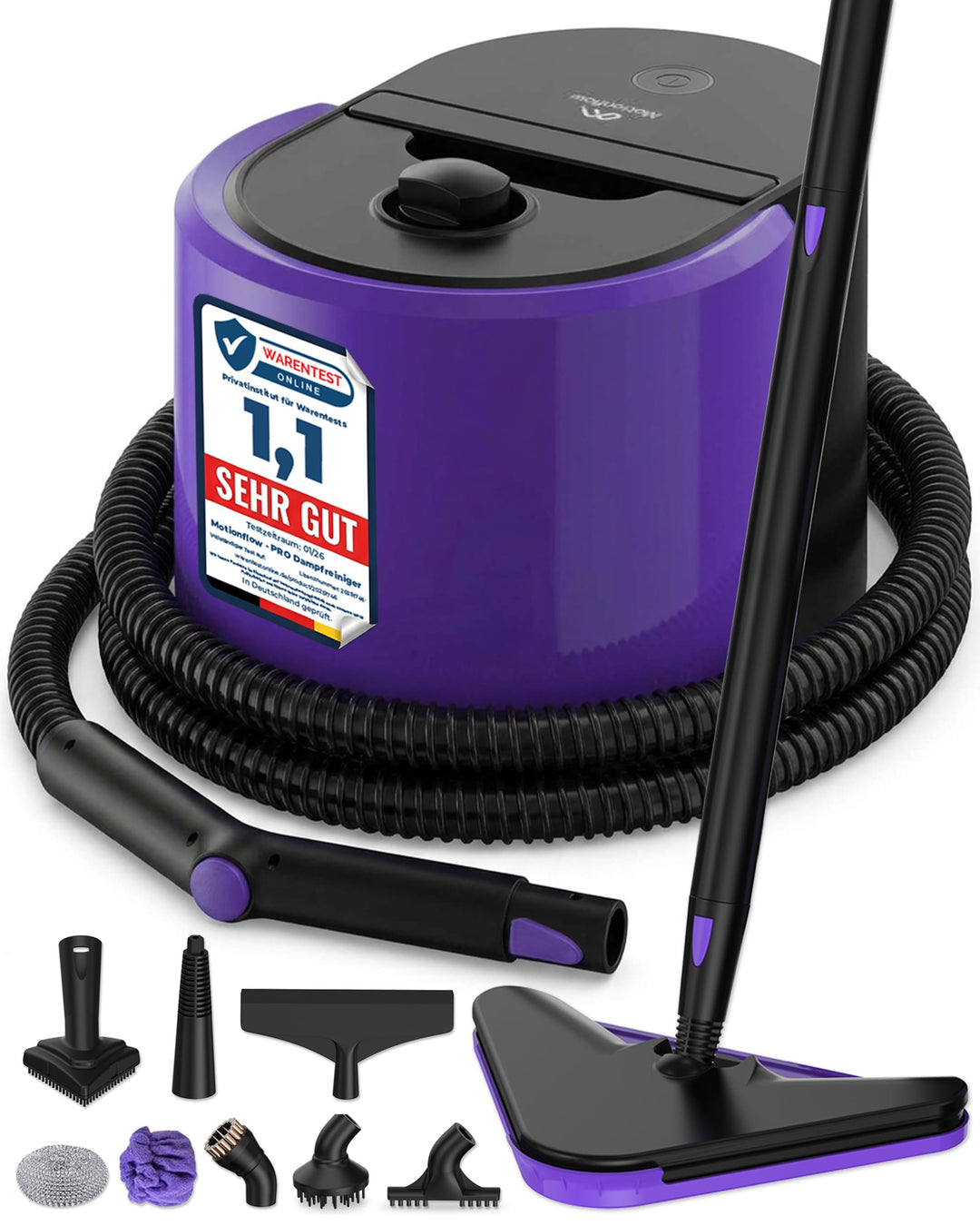 Motionflow PRO Dampfreiniger für alles - 1500W Hochdruck Steam Cleaner mit Edelstahlboiler für Polst