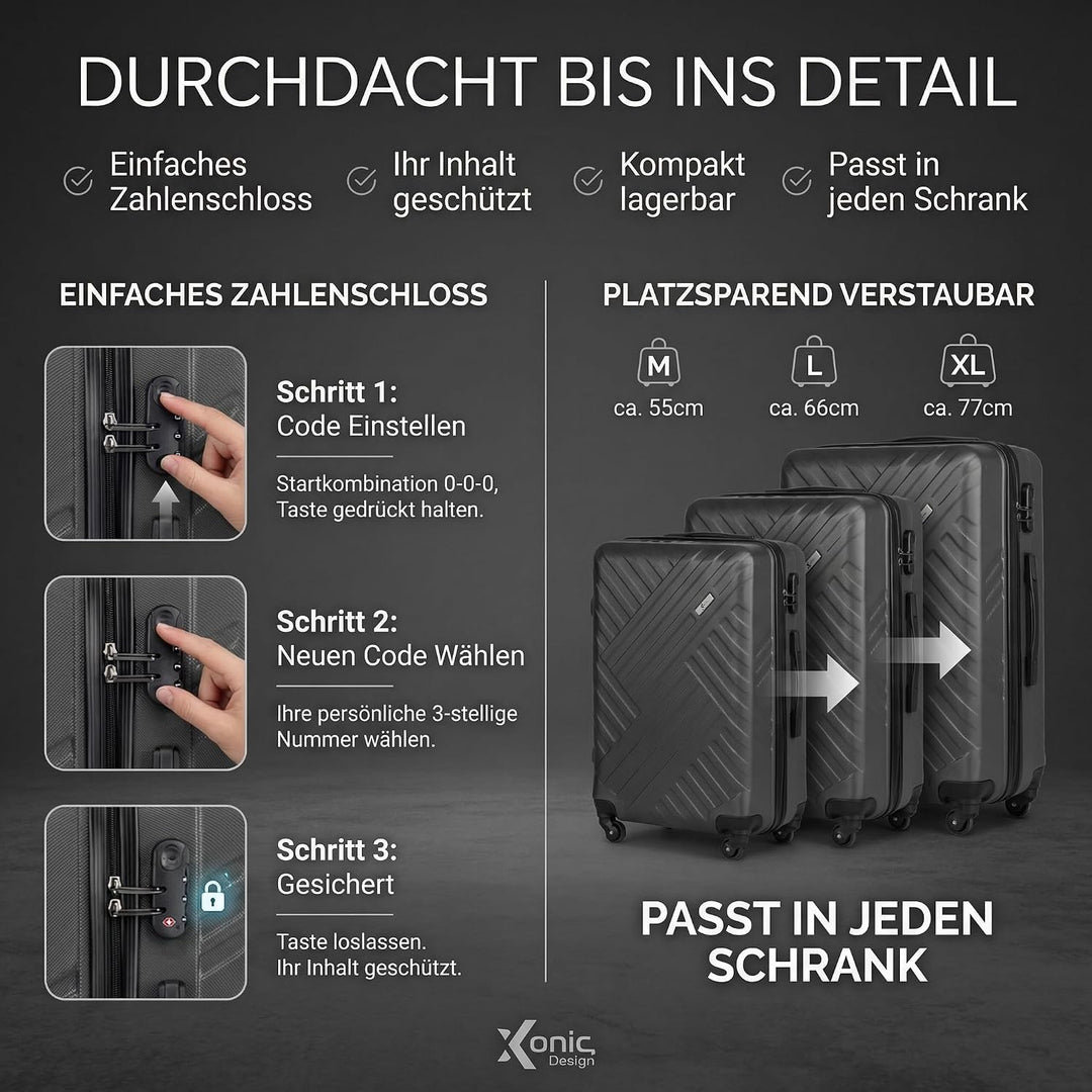 Xonic Design Reisekoffer - ABS Hartschalen Koffer mit 360° Leichtlauf-Rollen - hochwertiger Trolley