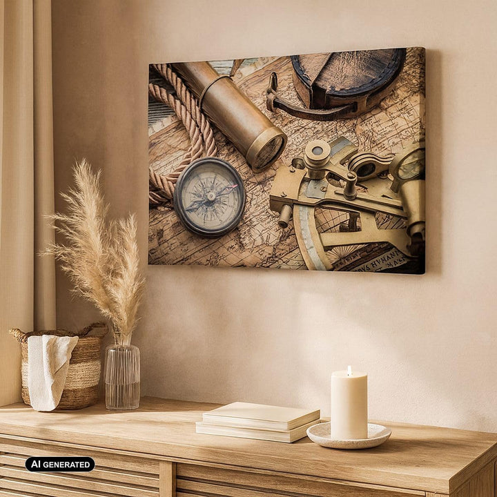 ARTTOR Bilder auf Leinwand 100x70cm Leinwandbild Kompass Kompass Karte Gross Wanddeko Bild Schlafzim