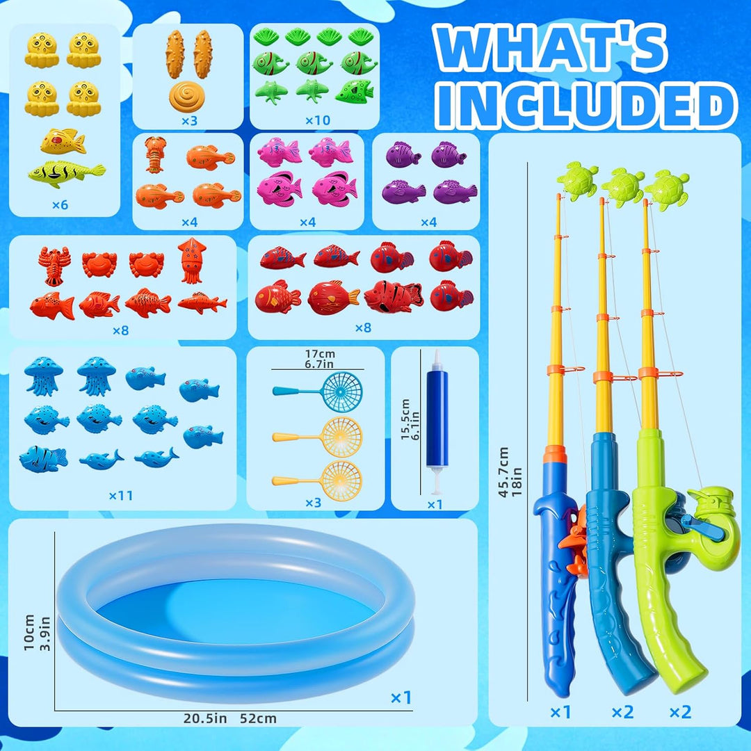 Magnetisches Angelspiel mit Aufblasbarem Pool, 60 Schwimmende Fische, 5 Angelruten &amp; 3 Netze, Baden