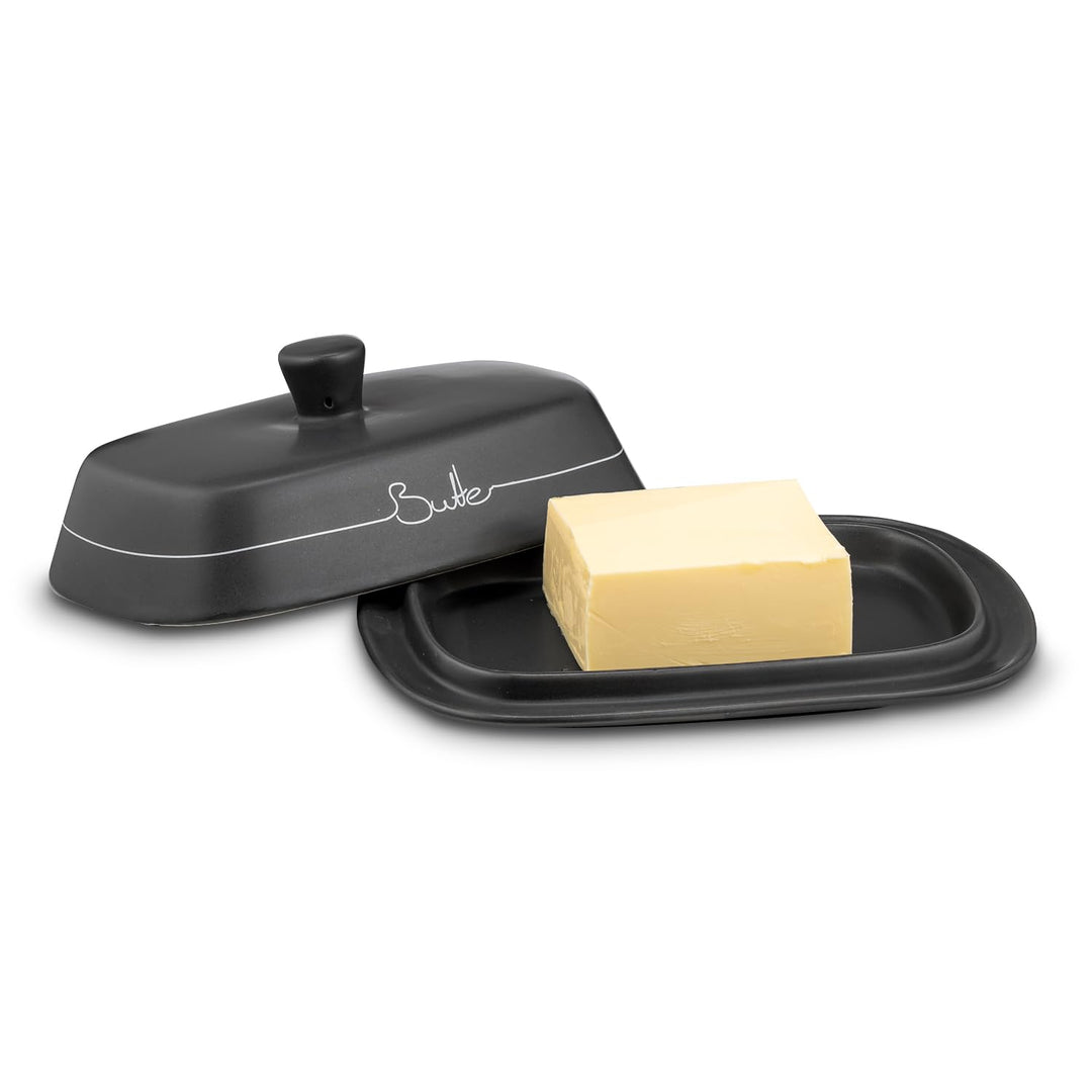 KHG Butterdose Anthrazit Grau Keramik Steingut poliert mit Griff für 200g Butter, Butter Box mit Bes