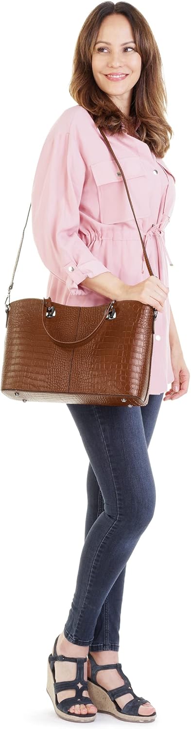 Handtasche Echt Leder Damen Made in Italy, Smartphonefach, Damenhandtasche im Kroko-Design, Umhänget
