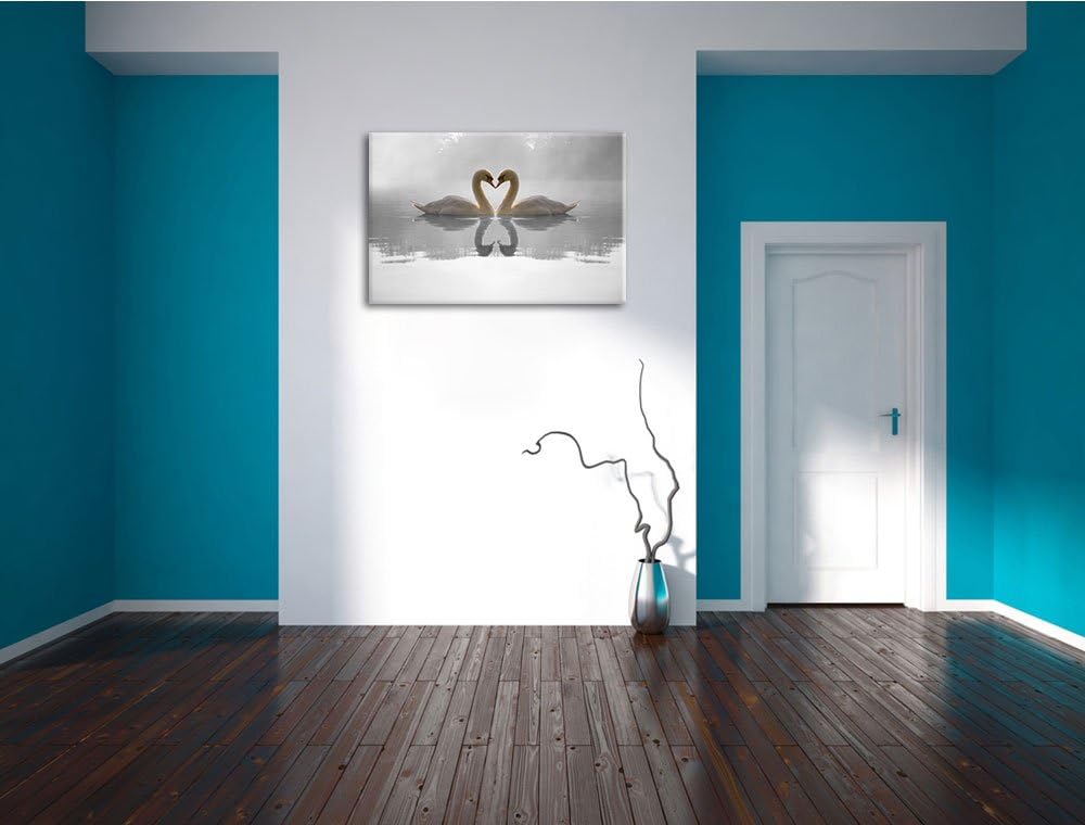 verliebte Schwäne auf See schwarz/weiss Format: 100x70 auf Leinwand, XXL riesige Bilder fertig gerah