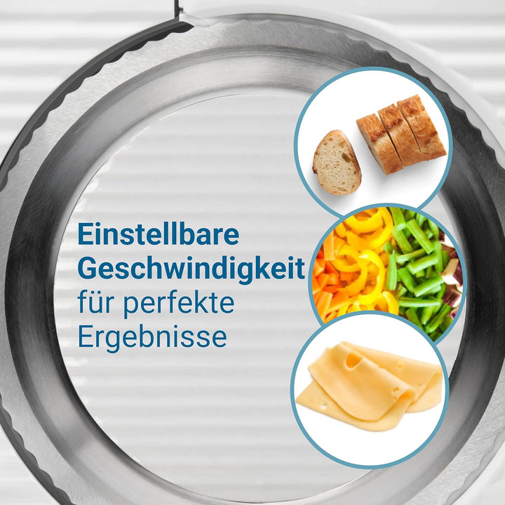 EUREL RS46 Allesschneider Made in Europa, Dauerschaltung, Serviertablett, platzsparend klappbar Elek