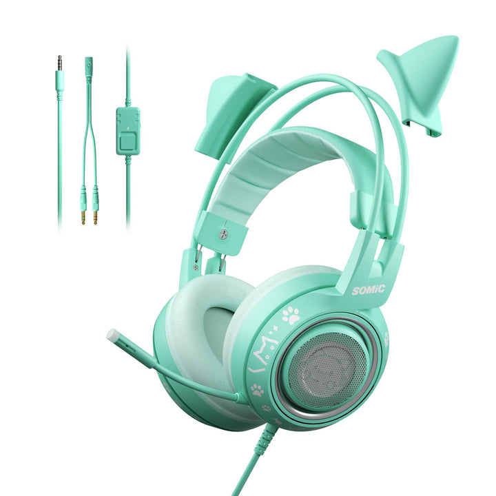 Somic G951S Green Gaming Headset mit Mikrofon für PS4, PS5, Xbox One, PC, Cat Ear Kopfhörer über Ohr