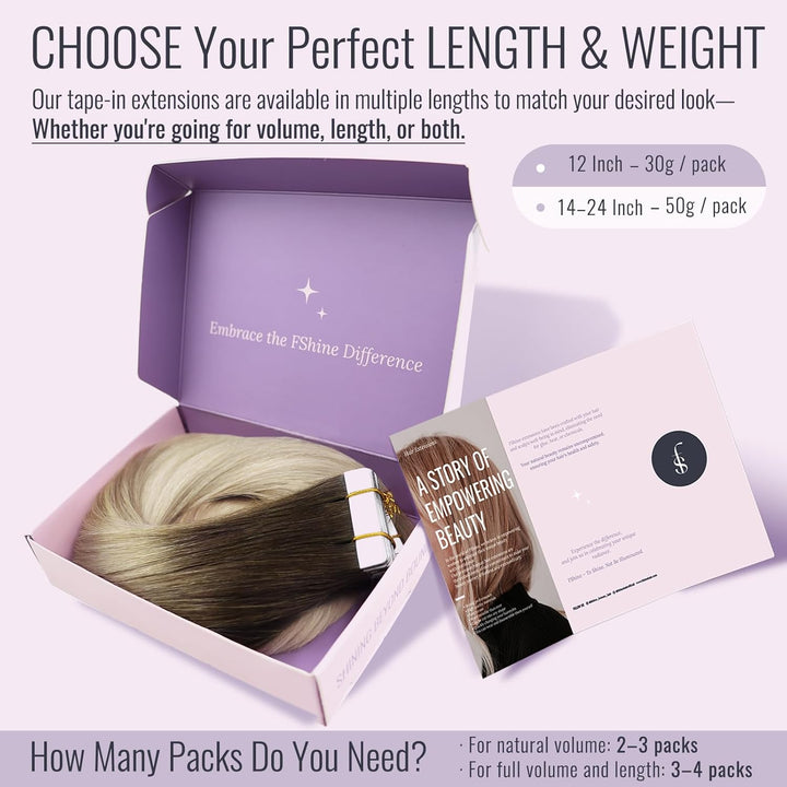 Fshine Tape in Extensions Echthaar 40cm 50g Dunkelbraun bis Aschblond Mix Platinblond Haar Extension