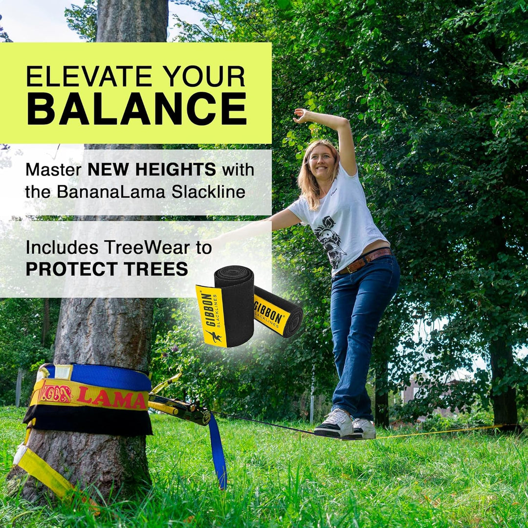 Gibbon Slacklines BananaLama XL Treewear Set | 25m Länge | 3,5cm Breite | Anfänger & Fortgeschritten