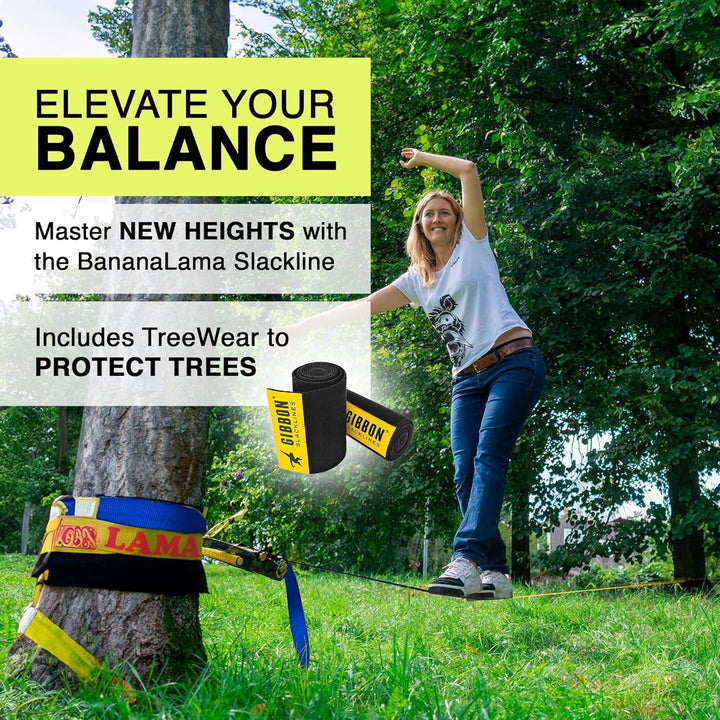 Gibbon Slacklines BananaLama XL Treewear Set | 25m Länge | 3,5cm Breite | Anfänger & Fortgeschritten