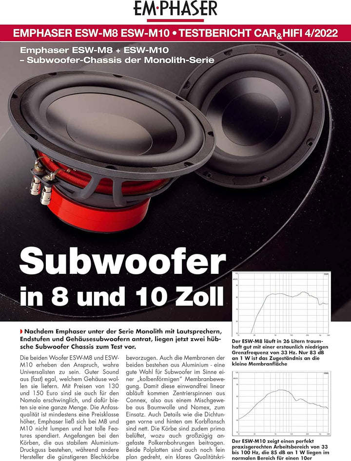 EMPHASER ESW-M10: Bass Lautsprecher 25 cm mit 200 Watt RMS, leistungsstarker 10 Zoll Subwoofer für A