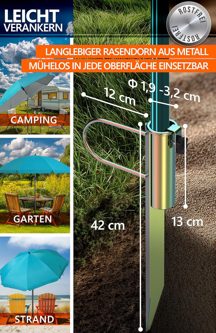 4smile Sonnenschirm Strand Ø 200 cm, 3-in-1 SET mit Rasendorn, Türkis | Strandschirm windfest stabil