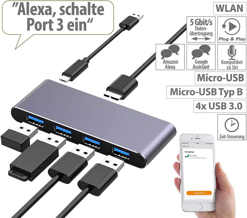 Xystec WiFi USB Hub: WLAN-USB-3.0-Hub mit 4 einzeln schaltbaren Ports, App, Sprachsteuerung (Funk US