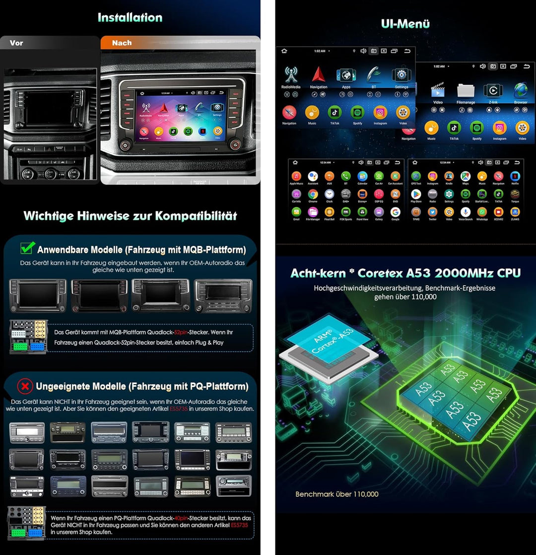 Erisin Android 14 4GB+64GB 8-Kern Autoradio Bluetooth GPS Navi für VW T6 Polo Crafter Amarok Caddy Š