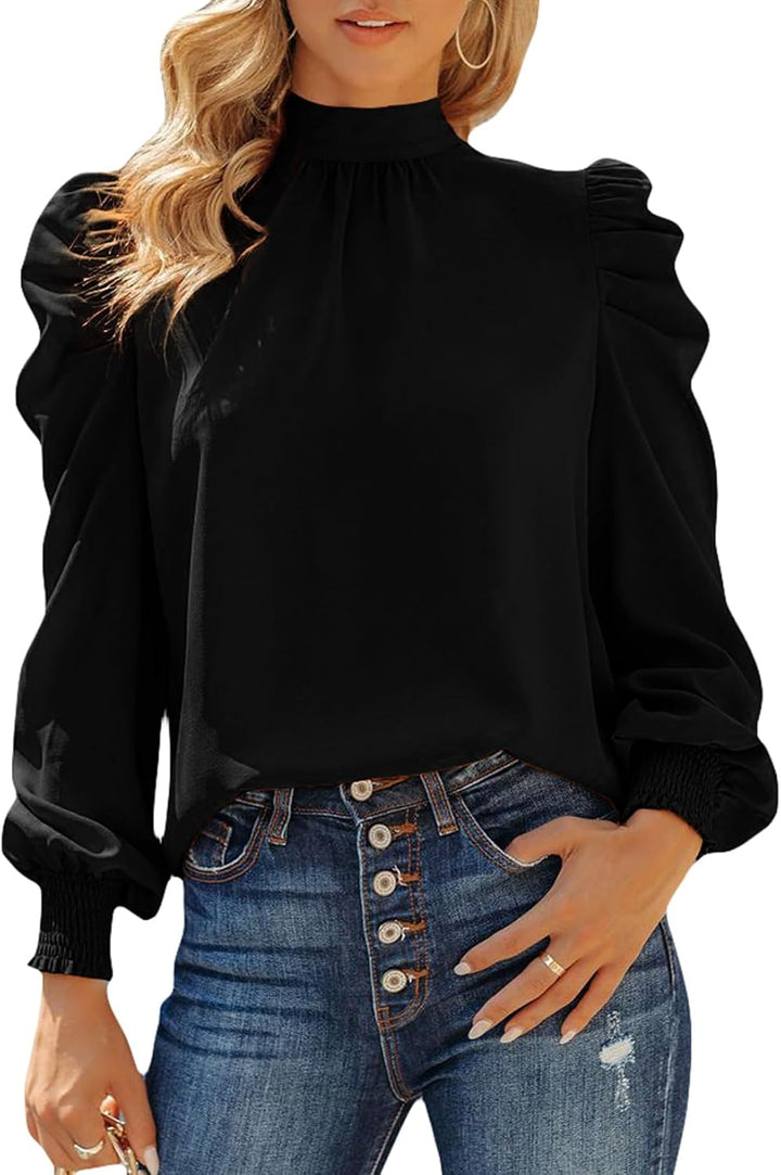 Dokotoo Damen Bluse Elegant Business Chiffonbluse Einfarbig Stehkragen Puffärmel Oberteil Tops S-XXL