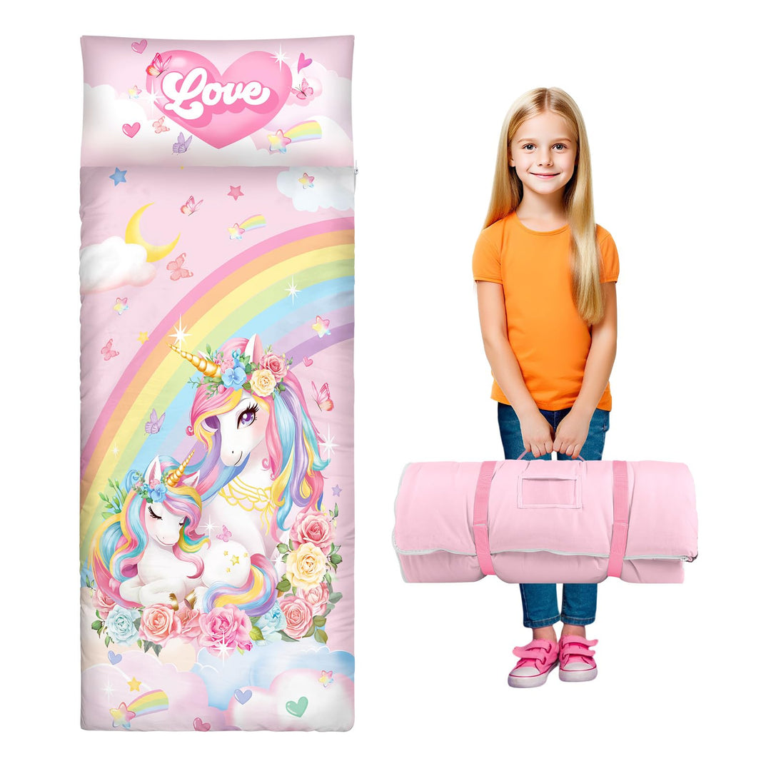 Schlafsack Kinder mit Kissen Abnehmbar,Warm Kinderschlafsack Doppelter Reissverschluss für Mädchen J
