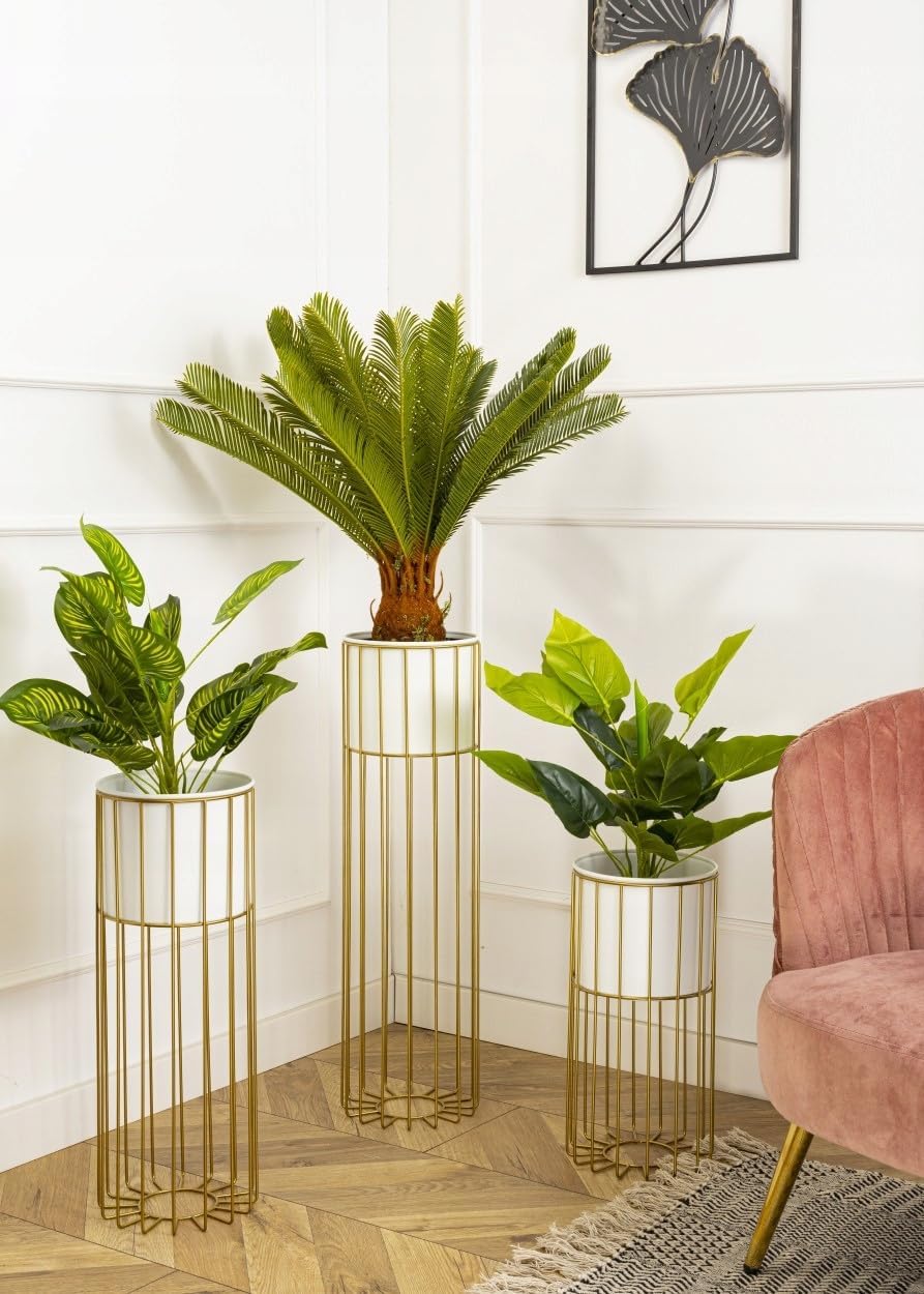 Moderne Blumenständer Metall 42 cm Hoch mit Weiss Blumentopf Rund 19 cm Ø auf Robuste Gold Ständer -