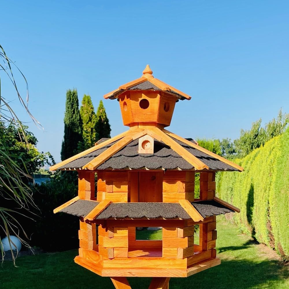 DARLUX Vogelvilla wetterfest von L bis XXL Futterhaus Vogelhaus mit oder ohne Ständer in Braun mit R