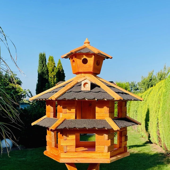 DARLUX Vogelvilla wetterfest von L bis XXL Futterhaus Vogelhaus mit oder ohne Ständer in Braun mit R