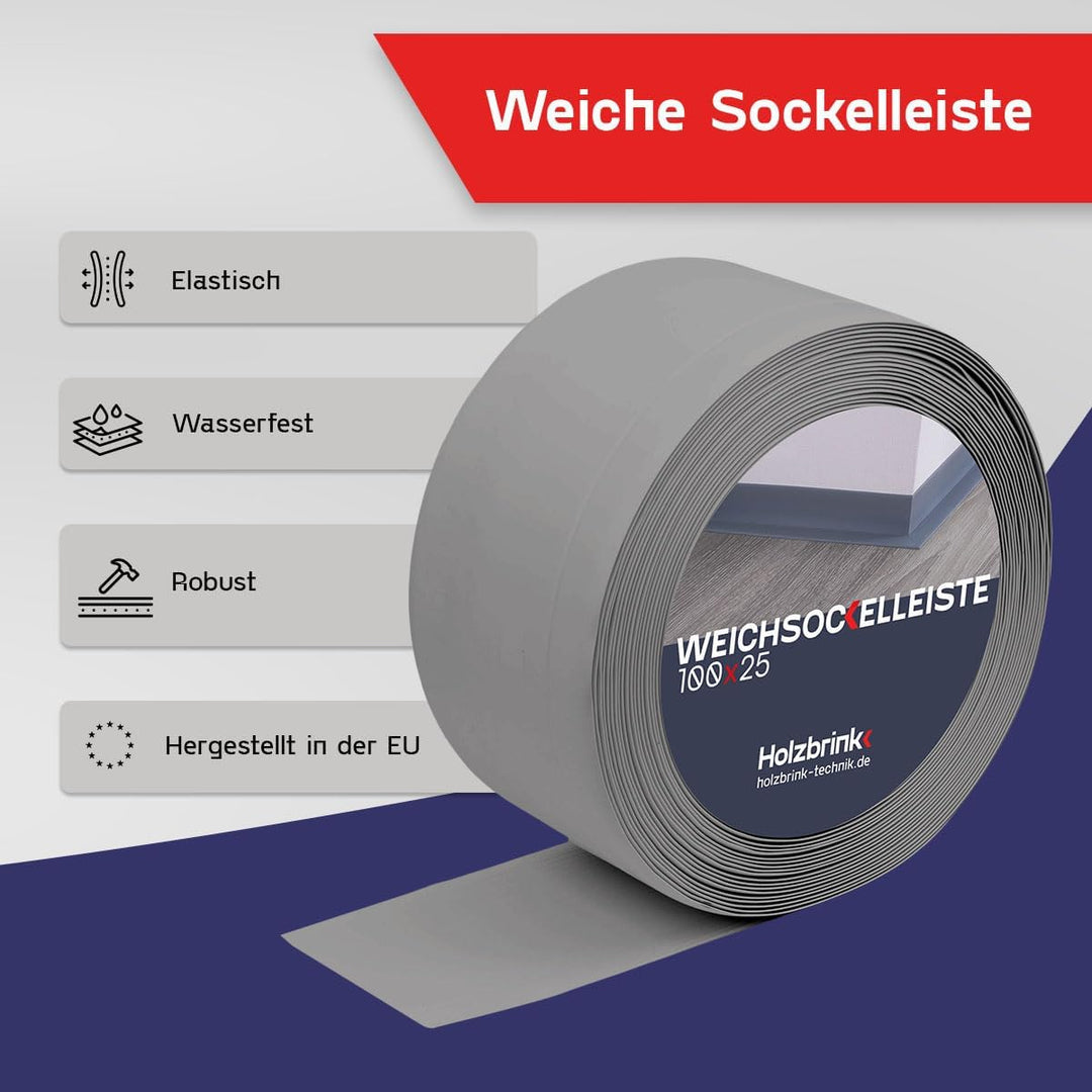 HOLZBRINK Weichsockelleiste PVC 100x25mm, 20 m | Wandleiste ohne Klebestreifen für Küche, Garage, Fl