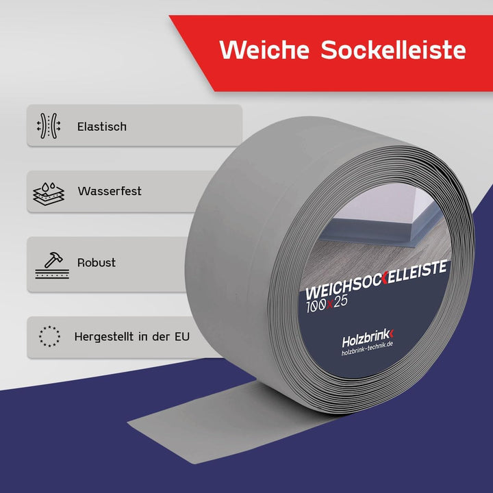HOLZBRINK Weichsockelleiste PVC 100x25mm, 20 m | Wandleiste ohne Klebestreifen für Küche, Garage, Fl