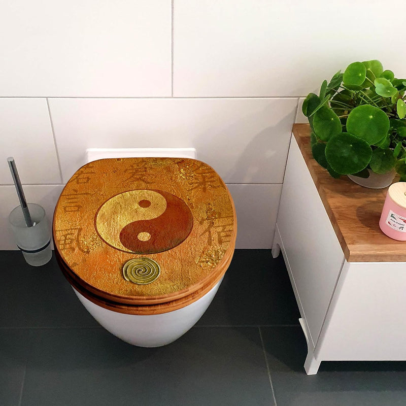 banjado® Design WC Sitz Bambus Absenkautomatik mit Motiv Yin Yang/Toilettendeckel mit Absenkautomati