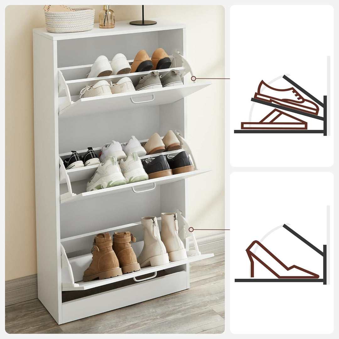 VASAGLE Schuhschrank mit 3 Klappen, Schuhregal, Schuhkipper, Schuhkommode mit 3 Tiefen Fächern, Weis