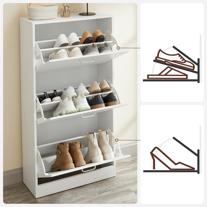 VASAGLE Schuhschrank mit 3 Klappen, Schuhregal, Schuhkipper, Schuhkommode mit 3 Tiefen Fächern, Weis